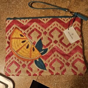 New Vera Bradley Red Chevron Embroidered Lemon Straw Beach Wristlet